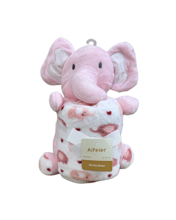 PLUSH BLANKET GIFT WITH STUFFED TOY - PINK ELEPHANT