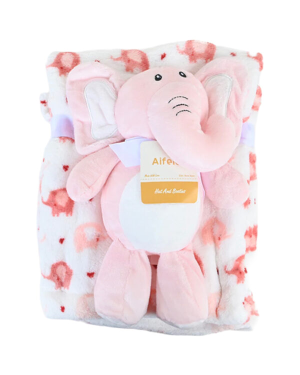 PLUSH BLANKET WITH STUFFED TOY - PINK ELEPHANT